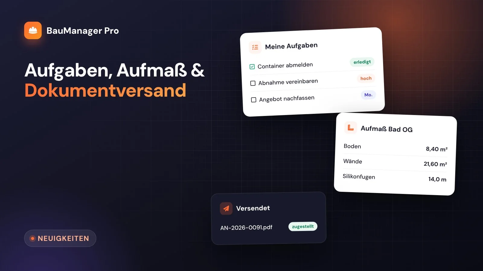 Aufgabenliste, Aufmaß eines Bads und ein versendetes Angebot in BauManager Pro
